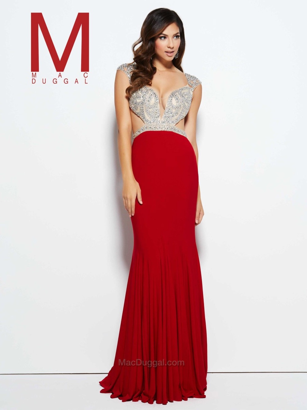 Mac Duggal Red Evening Gown with Silver Embellished Bodice